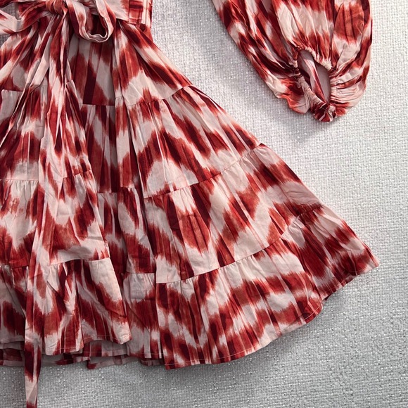 Banana Republic Red White Ikat Tiered Wrap Midi Dress Balloon Sleeve - Picture 3 of 12